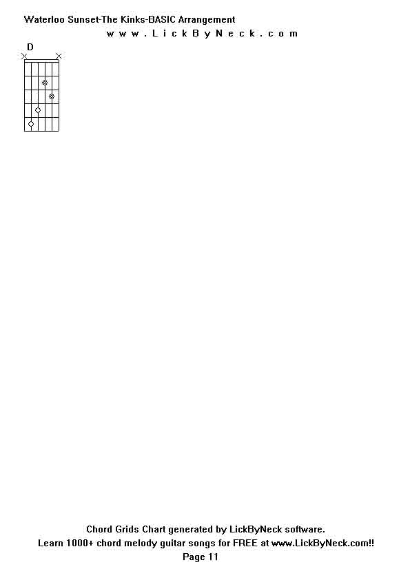 Chord Grids Chart of chord melody fingerstyle guitar song-Waterloo Sunset-The Kinks-BASIC Arrangement,generated by LickByNeck software.